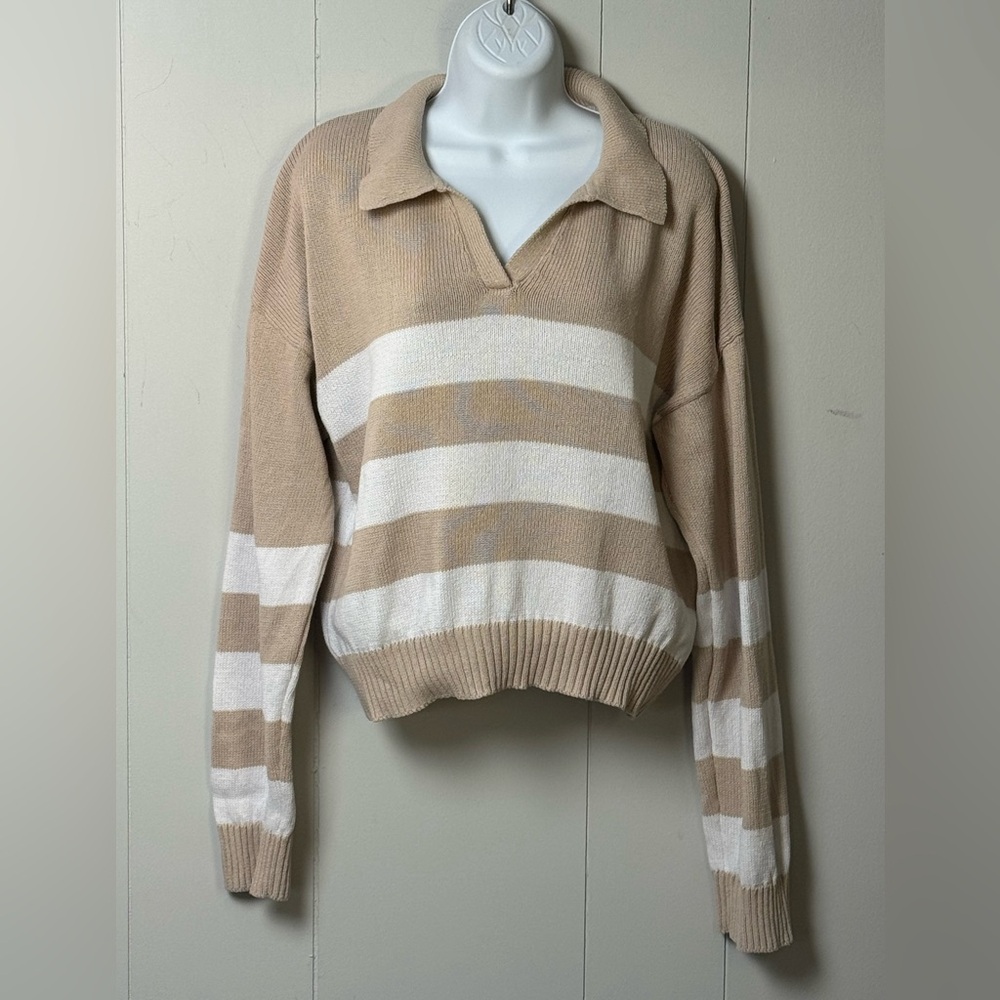 Brit NY Womens 100% Cotton Stripe Beige&White Long Sleeve Collared Sweater Sz XL